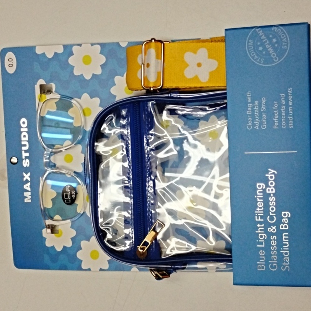 Max studio blue light filtering glasses and crossbody stadium bag clear frames.